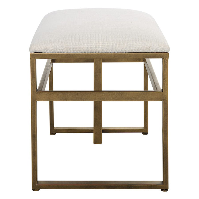 Haus Appeal Ruffus Iron Bench 25in Wide | Modern Antique Brushed Brass & Off-White Fabric | Entryway & Bedroom Bench | 19in Tall, Cushioned Top | Model W23009