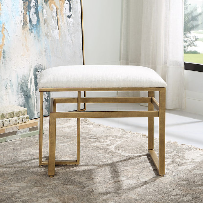 Haus Appeal Ruffus Iron Bench 25in Wide | Modern Antique Brushed Brass & Off-White Fabric | Entryway & Bedroom Bench | 19in Tall, Cushioned Top | Model W23009