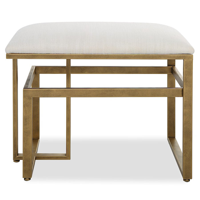 Haus Appeal Ruffus Iron Bench 25in Wide | Modern Antique Brushed Brass & Off-White Fabric | Entryway & Bedroom Bench | 19in Tall, Cushioned Top | Model W23009