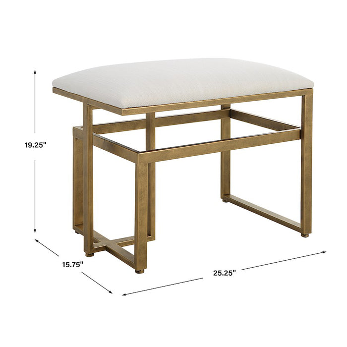 Haus Appeal Ruffus Iron Bench 25in Wide | Modern Antique Brushed Brass & Off-White Fabric | Entryway & Bedroom Bench | 19in Tall, Cushioned Top | Model W23009