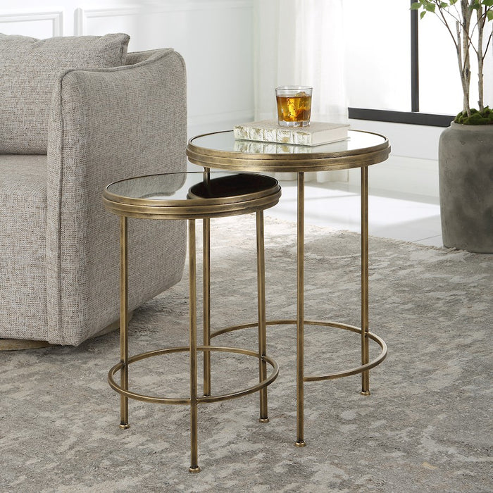 Haus Appeal Fraise Nest Tables (Set of 2) | Antique Brushed Gold Iron & Mirror Top | Living Room & Bedroom Accent Tables | 17 x 17 x 24 in | Model W23011