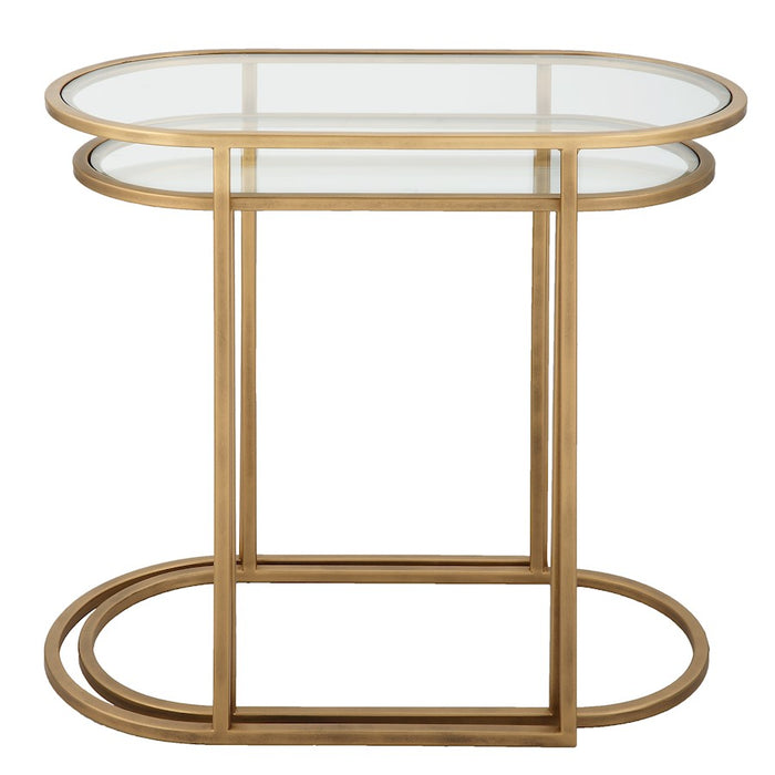 Haus Appeal Henrietta Nesting Tables 2-Piece | Antique Brushed Brass Iron & Glass | Living Room & Family Room | 24W x 12.5D x 22H in | Model W23018
