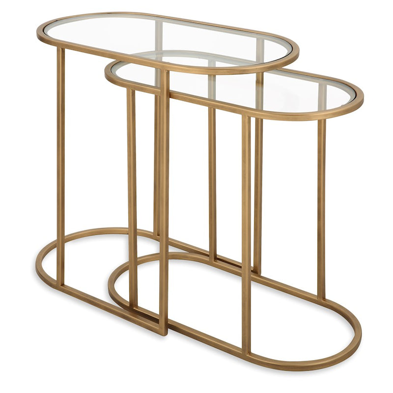Haus Appeal Henrietta Nesting Tables 2-Piece | Antique Brushed Brass Iron & Glass | Living Room & Family Room | 24W x 12.5D x 22H in | Model W23018
