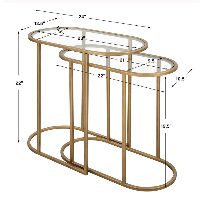 Haus Appeal Henrietta Nesting Tables 2-Piece | Antique Brushed Brass Iron & Glass | Living Room & Family Room | 24W x 12.5D x 22H in | Model W23018