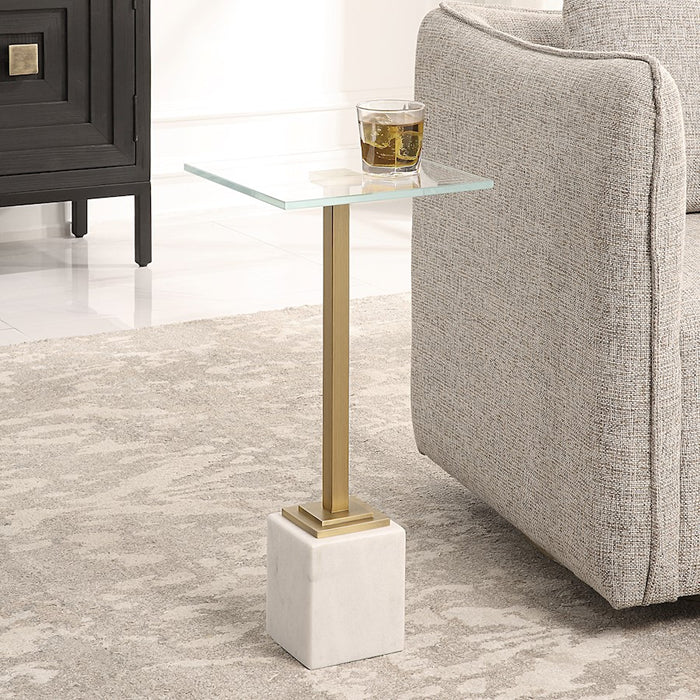 Haus Appeal Fiona Side Table 11in Wide | Brushed Brass & White Marble | Living Room & Entryway Accent Table | Tempered Glass Top, 24in Height | Model W23020