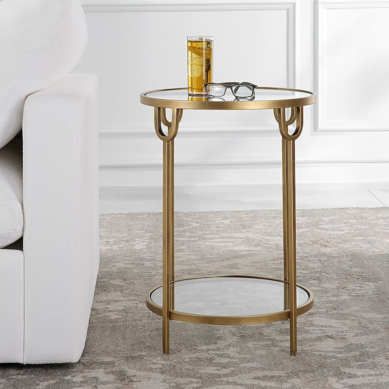 Haus Appeal Biltmore 17in Round Side Table | Antique Gold Iron & Mirrored Top | Living Room & Entryway Accent Table | 17 x 17 x 24 in, Two-Tier | Model W23022