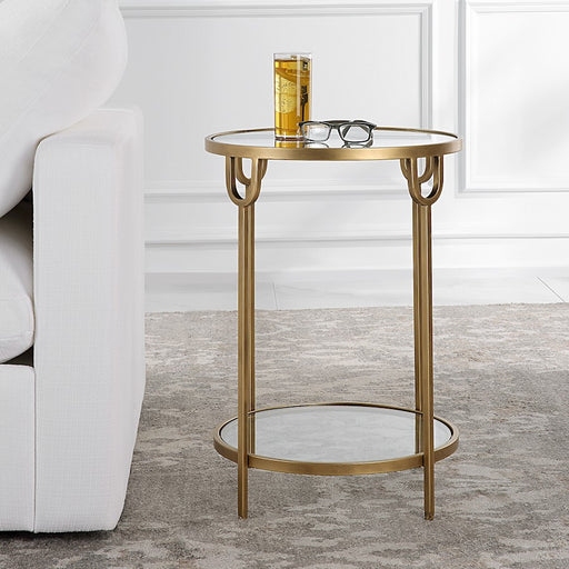 Haus Appeal Biltmore 17in Round Side Table | Antique Gold Iron & Mirrored Top | Living Room & Entryway Accent Table | 17 x 17 x 24 in, Two-Tier | Model W23022