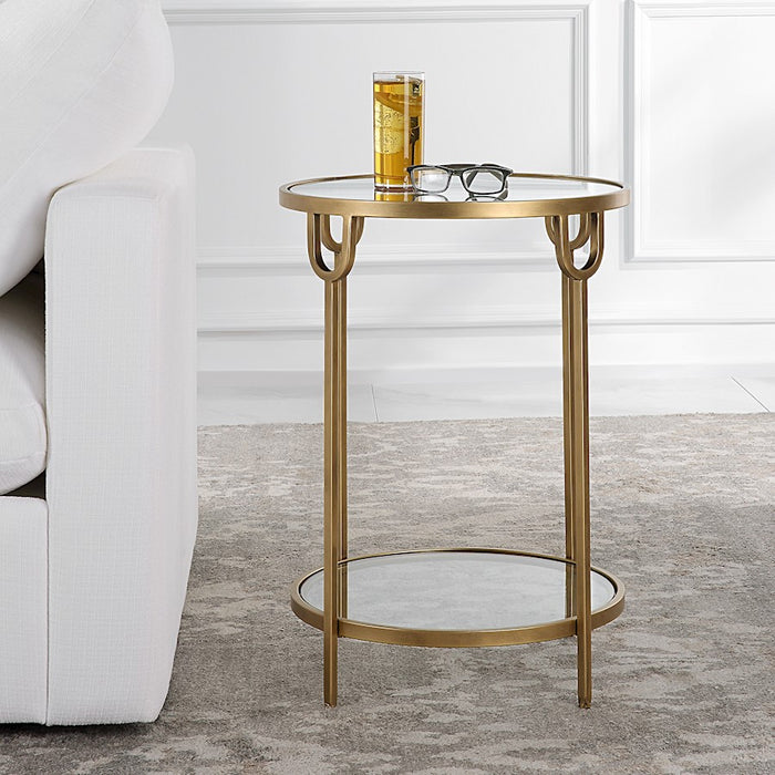 Haus Appeal Biltmore 17in Round Side Table | Antique Gold Iron & Mirrored Top | Living Room & Entryway Accent Table | 17 x 17 x 24 in, Two-Tier | Model W23022