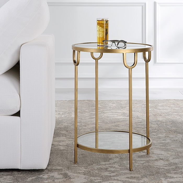 Haus Appeal Biltmore 17in Round Side Table | Antique Gold Iron & Mirrored Top | Living Room & Entryway Accent Table | 17 x 17 x 24 in, Two-Tier | Model W23022