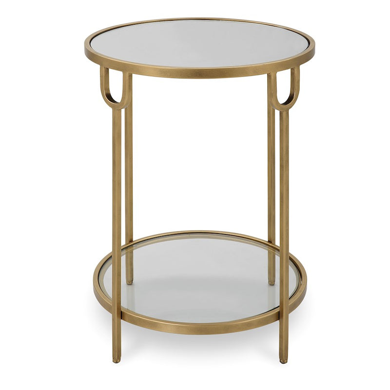 Haus Appeal Biltmore 17in Round Side Table | Antique Gold Iron & Mirrored Top | Living Room & Entryway Accent Table | 17 x 17 x 24 in, Two-Tier | Model W23022