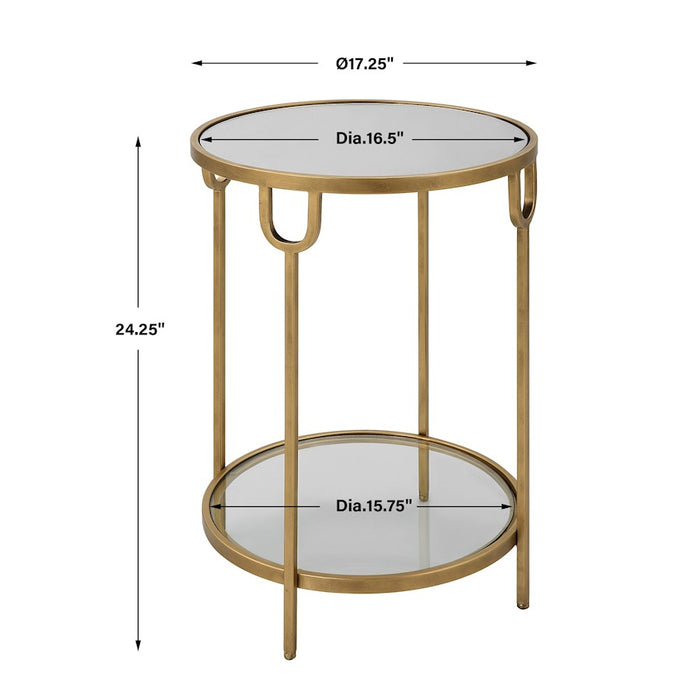 Haus Appeal Biltmore 17in Round Side Table | Antique Gold Iron & Mirrored Top | Living Room & Entryway Accent Table | 17 x 17 x 24 in, Two-Tier | Model W23022