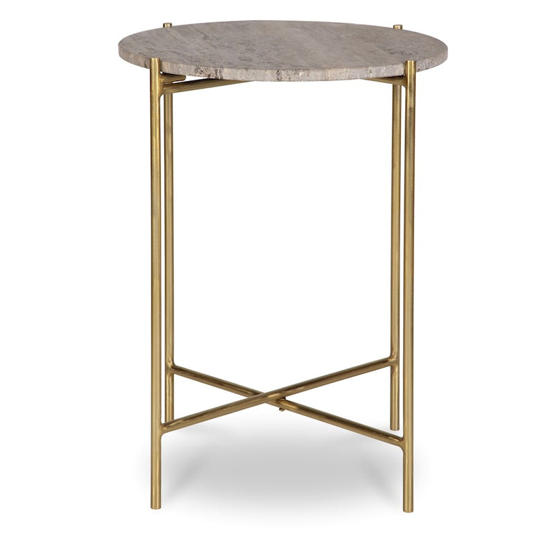 Haus Appeal Frederick 16in Round Accent Table | Gold Iron & Dark Travertine | Living Room & Bedroom Side Table | 16 x 16 x 22 in | Model W23027