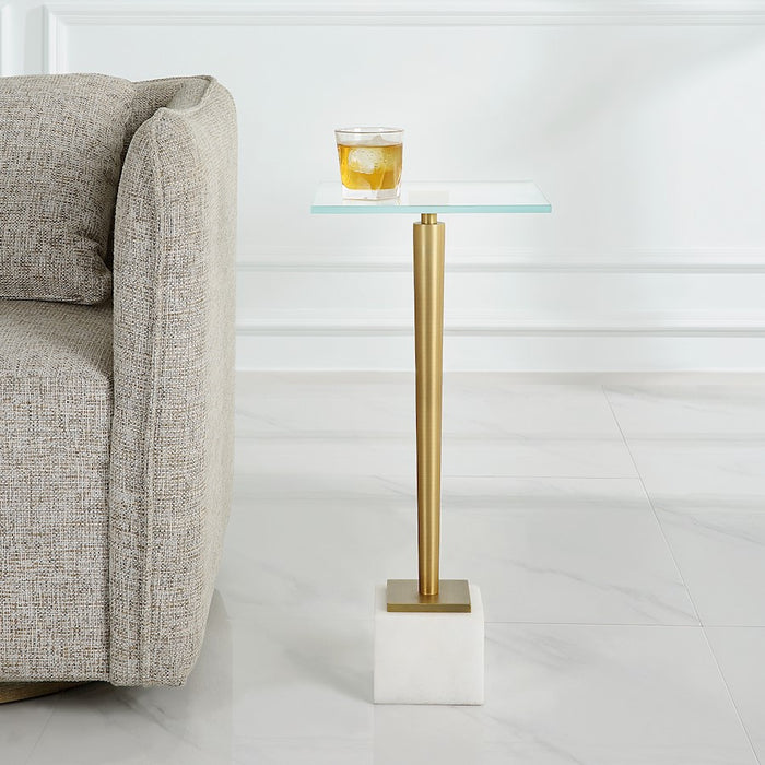 Haus Appeal Nickols Accent Table | Brass Plated Iron & Marble Base | Living Room & Entryway Side Table | 11 x 11 x 25 in, Tempered Glass Top | Model W23029