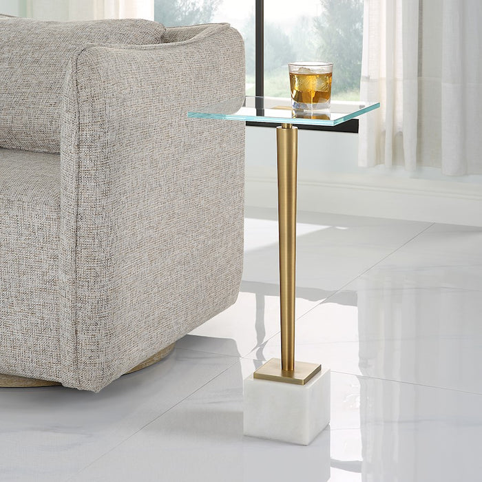 Haus Appeal Nickols Accent Table | Brass Plated Iron & Marble Base | Living Room & Entryway Side Table | 11 x 11 x 25 in, Tempered Glass Top | Model W23029