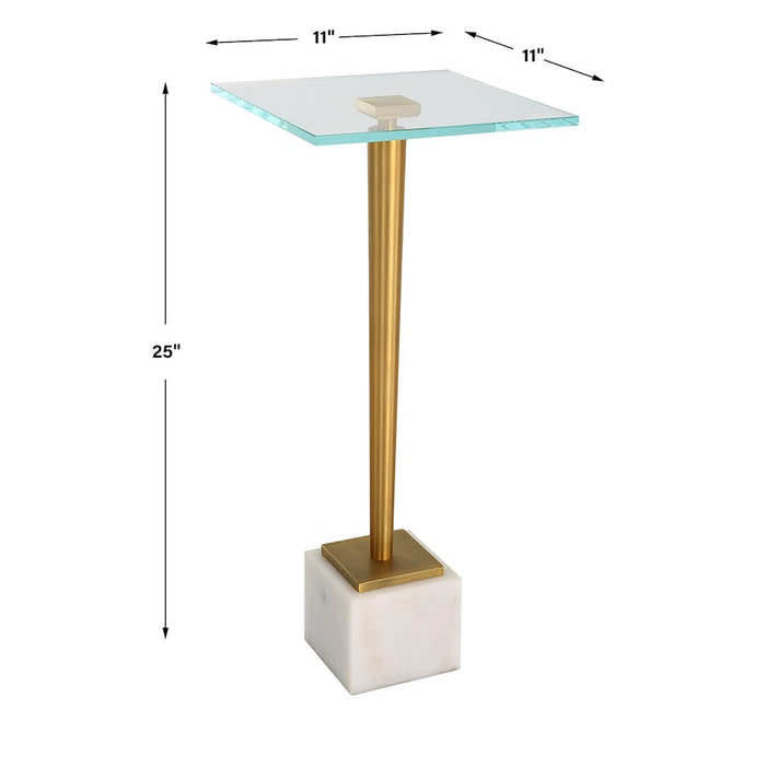 Haus Appeal Nickols Accent Table | Brass Plated Iron & Marble Base | Living Room & Entryway Side Table | 11 x 11 x 25 in, Tempered Glass Top | Model W23029