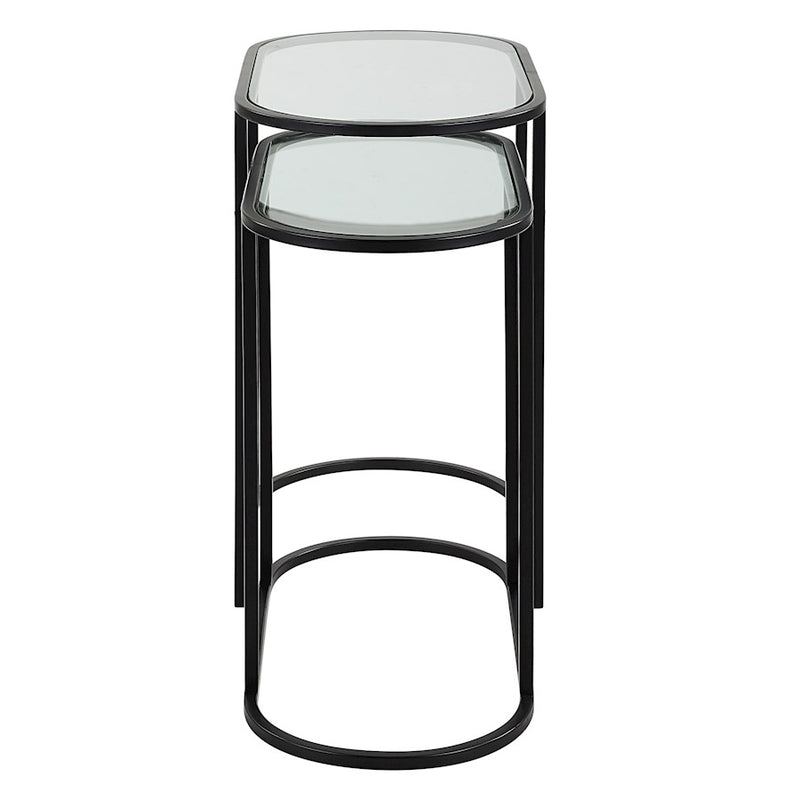 Haus Appeal Apricot Lane Oval Nesting Tables (Set of 2) | Matte Black Iron & Glass | Living Room & Bedroom Accent Tables | 24 x 12.5 x 22 in | Model W23034