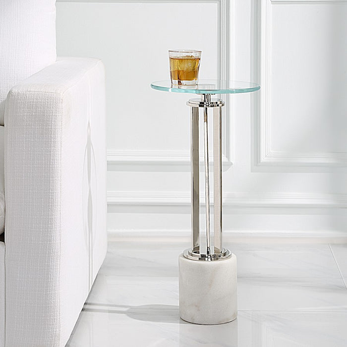 Haus Appeal Tyler Accent Table | Round Iron & Marble | Living Room & Entryway Side Table | 11"W x 24"H, Nickel Finish | Model W23035