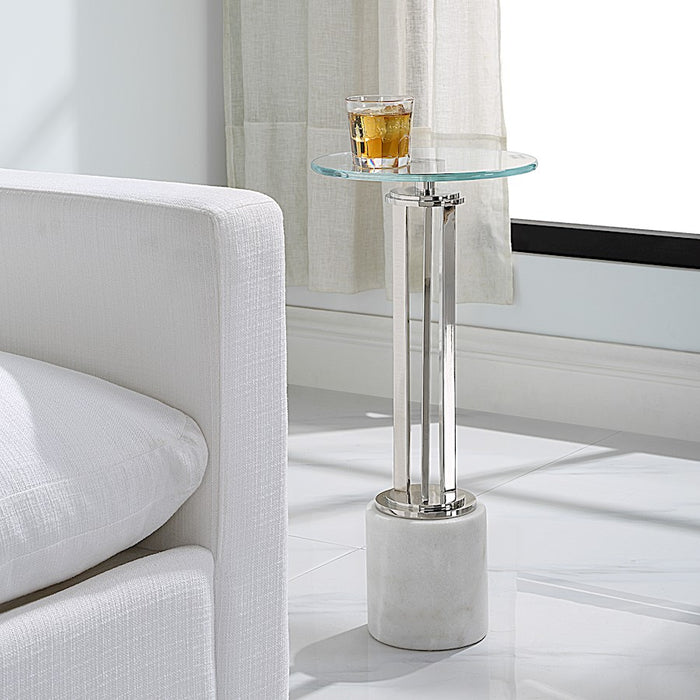 Haus Appeal Tyler Accent Table | Round Iron & Marble | Living Room & Entryway Side Table | 11"W x 24"H, Nickel Finish | Model W23035