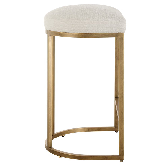 Haus Appeal Mabel 26in Counter Stool | Antique Brushed Brass & Light Cream Performance Fabric | Kitchen Island Seating | 26in Seat Height | Model W23038