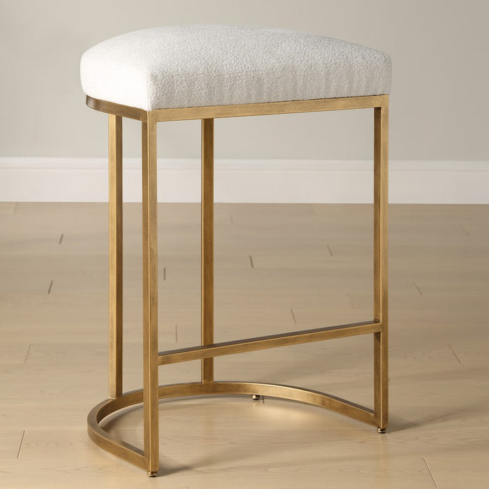 Haus Appeal Mabel 26in Counter Stool | Antique Brushed Brass & Light Cream Performance Fabric | Kitchen Island Seating | 26in Seat Height | Model W23038