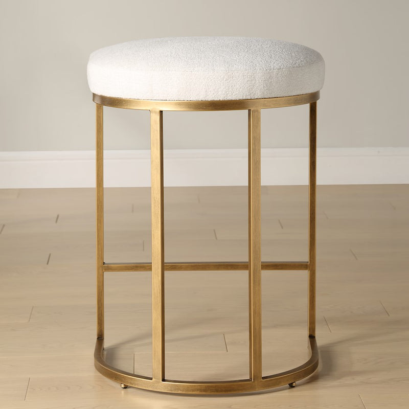 Haus Appeal Mabel 26in Counter Stool | Antique Brushed Brass & Light Cream Performance Fabric | Kitchen Island Seating | 26in Seat Height | Model W23038