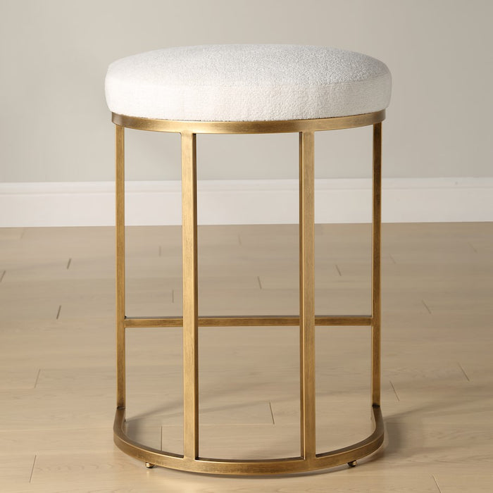 Haus Appeal Mabel 26in Counter Stool | Antique Brushed Brass & Light Cream Performance Fabric | Kitchen Island Seating | 26in Seat Height | Model W23038