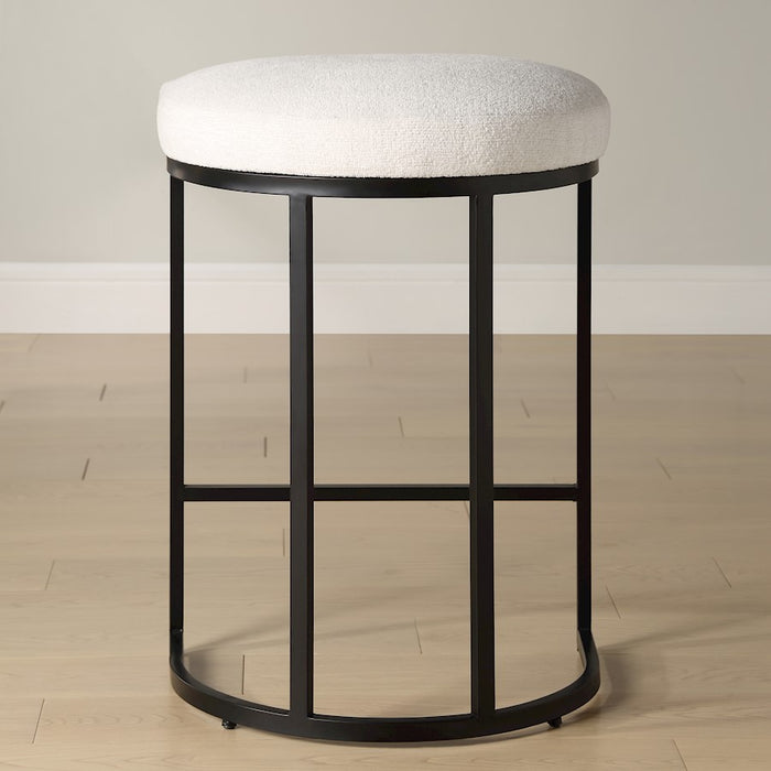 Haus Appeal Chicago 26.25in Counter Stool | Matte Black Iron & Light Cream Fabric | Kitchen Island & Vanity Seating | 14 x 18 x 26 in | Model W23040