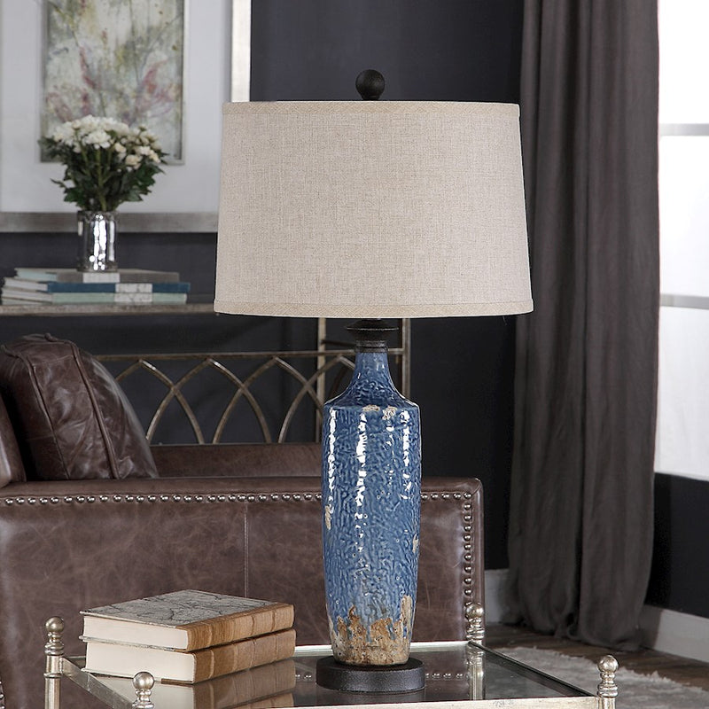 Haus Appeal Adams 29.75in Table Lamp | Blue Textured Ceramic & Khaki Linen | Bedroom & Living Room Accent Light | 150W Max, 1 Bulb | Model W26026-1
