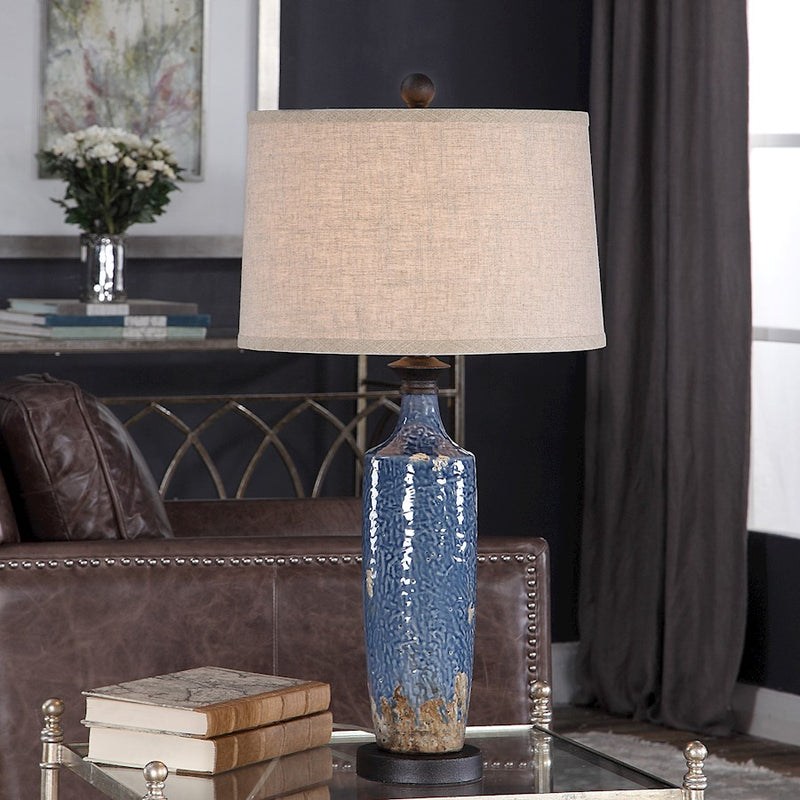 Haus Appeal Adams 29.75in Table Lamp | Blue Textured Ceramic & Khaki Linen | Bedroom & Living Room Accent Light | 150W Max, 1 Bulb | Model W26026-1
