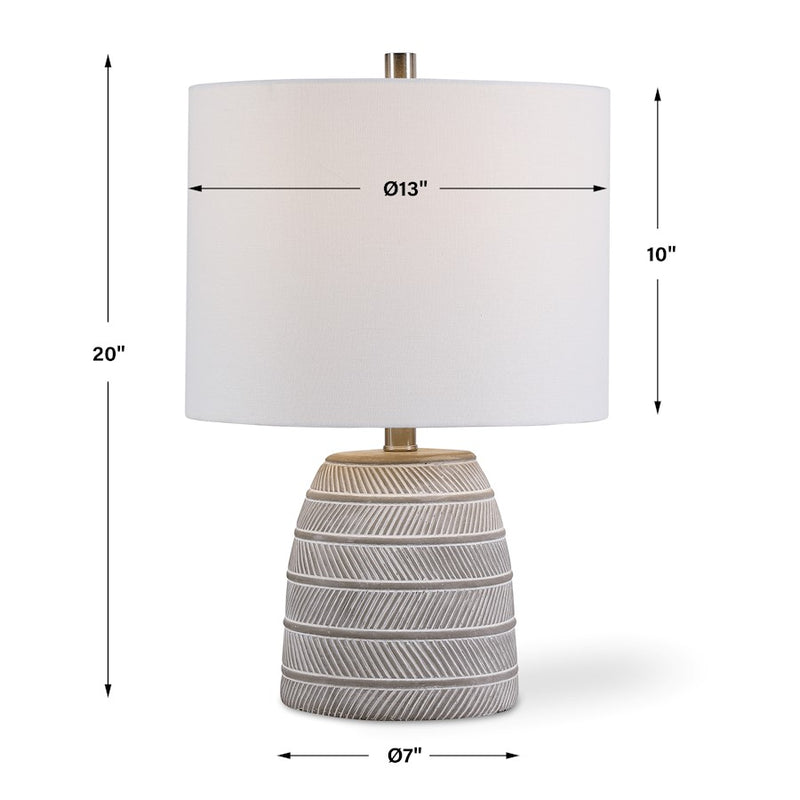 Haus Appeal Lolita 20in Round Table Lamp | Concrete with White Etching & Brushed Nickel | Light Beige Shade | Living Room & Bedroom Light | Model W26064-1