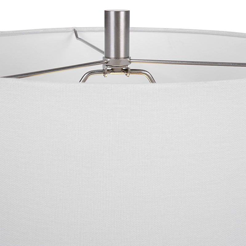 Haus Appeal Charlton 14in Table Lamp | Brushed Nickel Metal & White Linen Shade | Living Room & Bedroom Accent Light | 150W Max, Dimmable | Model W26084-1