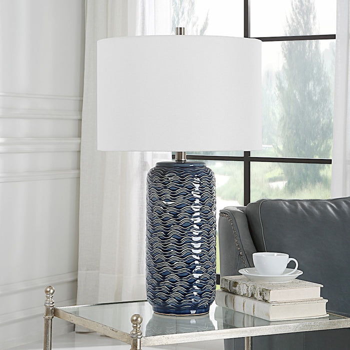 Haus Appeal Lucius 26.5in Blue Ceramic Table Lamp | Wavy Texture & Brushed Nickel | Bedroom & Living Room Accent | White Linen Shade | Model W26089-1