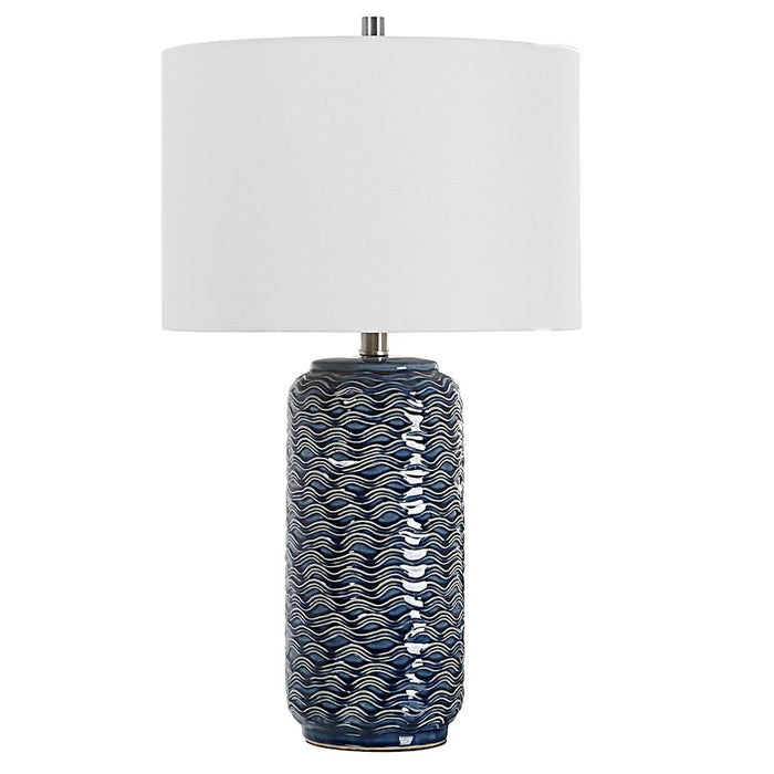 Haus Appeal Lucius 26.5in Blue Ceramic Table Lamp | Wavy Texture & Brushed Nickel | Bedroom & Living Room Accent | White Linen Shade | Model W26089-1