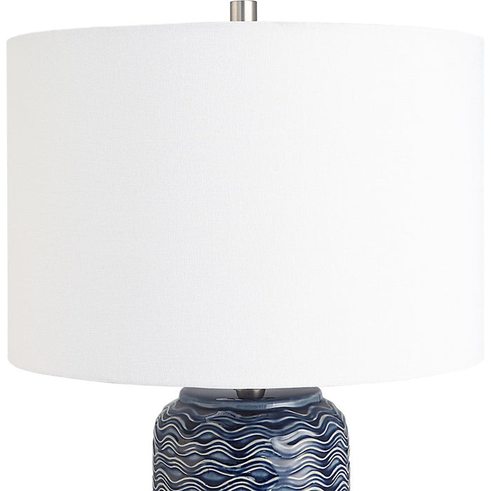 Haus Appeal Lucius 26.5in Blue Ceramic Table Lamp | Wavy Texture & Brushed Nickel | Bedroom & Living Room Accent | White Linen Shade | Model W26089-1