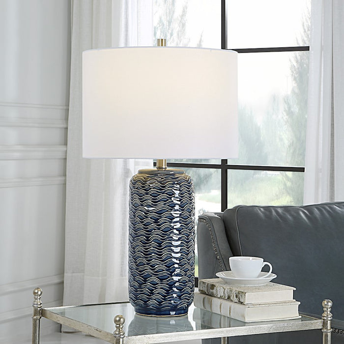 Haus Appeal Lucius 26.5in Blue Ceramic Table Lamp | Wavy Texture & Brushed Nickel | Bedroom & Living Room Accent | White Linen Shade | Model W26089-1