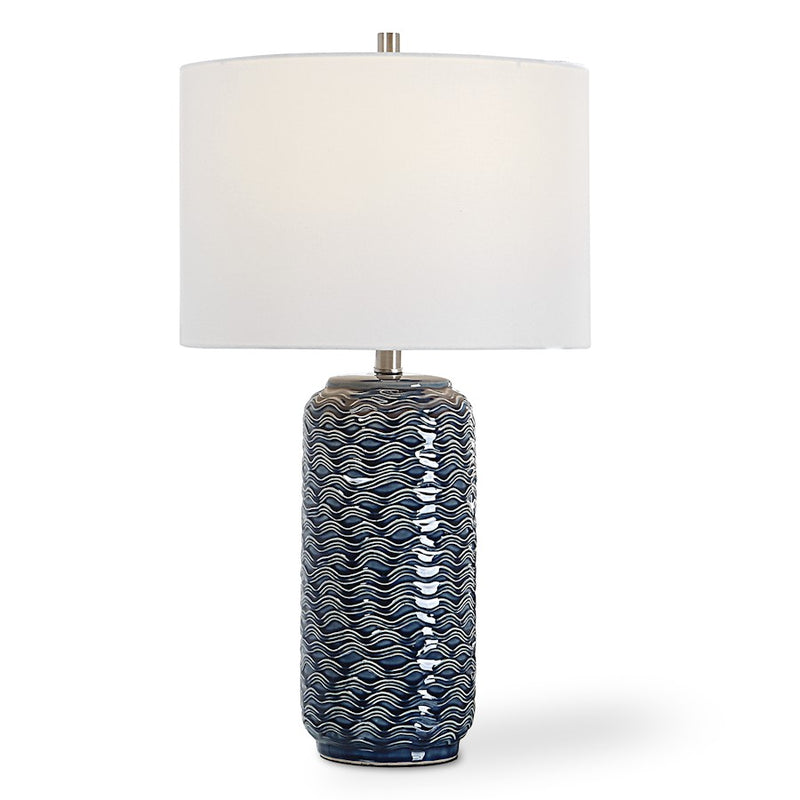 Haus Appeal Lucius 26.5in Blue Ceramic Table Lamp | Wavy Texture & Brushed Nickel | Bedroom & Living Room Accent | White Linen Shade | Model W26089-1