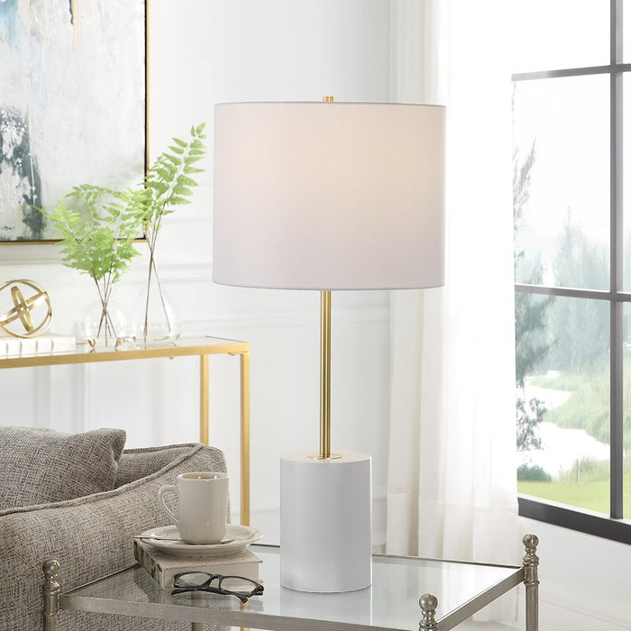 Haus Appeal Brooklyn 13in Table Lamp | White Metal & Gold Accent | White Linen Shade | Living Room & Bedside Reading Light | Model W26099-1