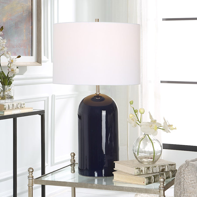 Haus Appeal Vivian 27in Table Lamp | Navy Blue Ceramic & Brushed Nickel | White Linen Shade | Living Room & Bedroom Accent Light | Model W26108-1