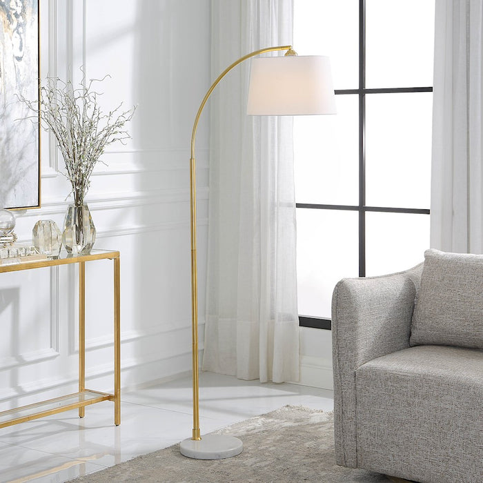 Haus Appeal Micah 64.5in Arc Floor Lamp | Gold Metal & White Marble Base | White Linen Shade | Living Room & Reading Corner Light | Model W26109-1