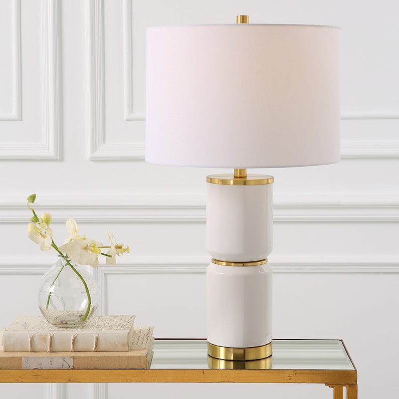 Haus Appeal Monique 26.25in Table Lamp | Gloss White Ceramic & Gold Accent | White Linen Shade | Living Room & Bedroom Nightstand Light | Model W26113-1