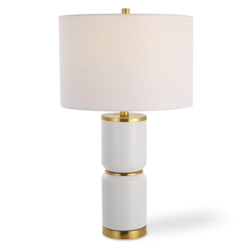 Haus Appeal Monique 26.25in Table Lamp | Gloss White Ceramic & Gold Accent | White Linen Shade | Living Room & Bedroom Nightstand Light | Model W26113-1