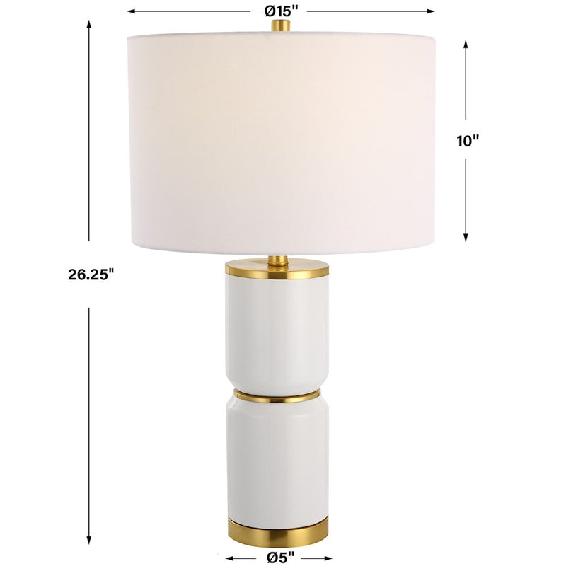 Haus Appeal Monique 26.25in Table Lamp | Gloss White Ceramic & Gold Accent | White Linen Shade | Living Room & Bedroom Nightstand Light | Model W26113-1