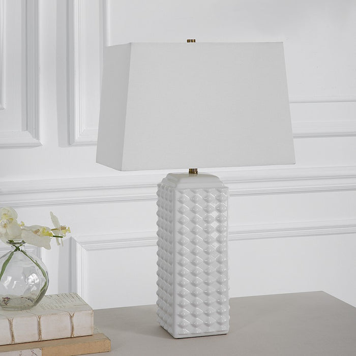 Haus Appeal Gretta 25in Ceramic Table Lamp | Gloss White Square Body with Texture & White Linen Shade | Living Room & Bedroom Accent Light | Model W26114-1