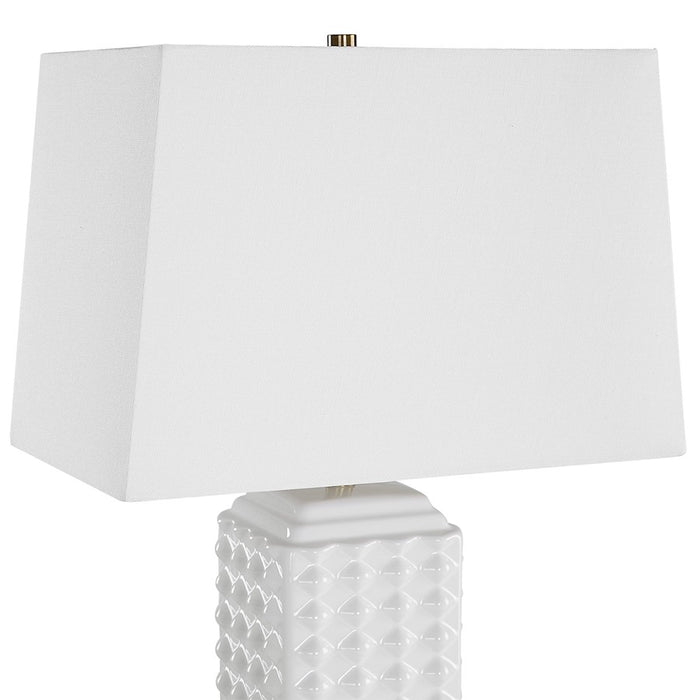 Haus Appeal Gretta 25in Ceramic Table Lamp | Gloss White Square Body with Texture & White Linen Shade | Living Room & Bedroom Accent Light | Model W26114-1