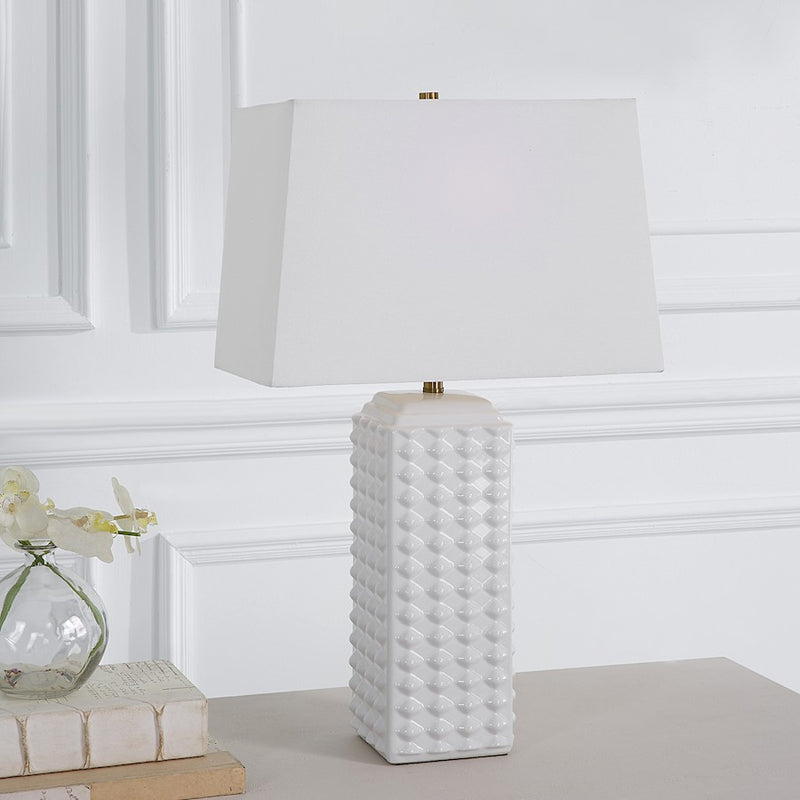 Haus Appeal Gretta 25in Ceramic Table Lamp | Gloss White Square Body with Texture & White Linen Shade | Living Room & Bedroom Accent Light | Model W26114-1