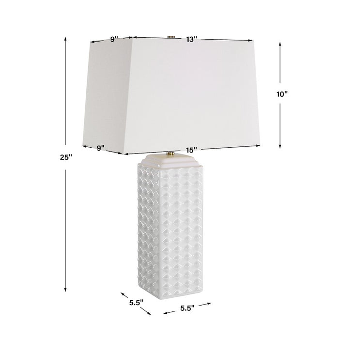 Haus Appeal Gretta 25in Ceramic Table Lamp | Gloss White Square Body with Texture & White Linen Shade | Living Room & Bedroom Accent Light | Model W26114-1
