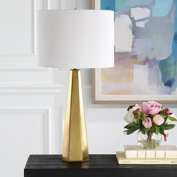 Haus Appeal Gousse 14in Diameter Table Lamp | Gold Ceramic & White Linen | Living Room & Bedroom Accent | 150W Max Bulb, 110V | Model W26135-1