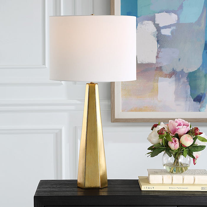 Haus Appeal Gousse 14in Diameter Table Lamp | Gold Ceramic & White Linen | Living Room & Bedroom Accent | 150W Max Bulb, 110V | Model W26135-1