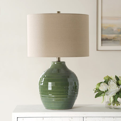 Haus Appeal Iris 1-Light Table Lamp | Moss Green Ceramic & Antique Brass | Bedroom & Living Room Accent Lamp | 150W Max, Beige Linen Shade | Model W26141-1