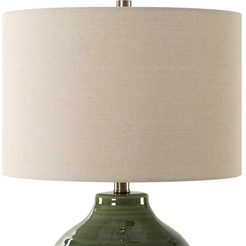 Haus Appeal Iris 1-Light Table Lamp | Moss Green Ceramic & Antique Brass | Bedroom & Living Room Accent Lamp | 150W Max, Beige Linen Shade | Model W26141-1